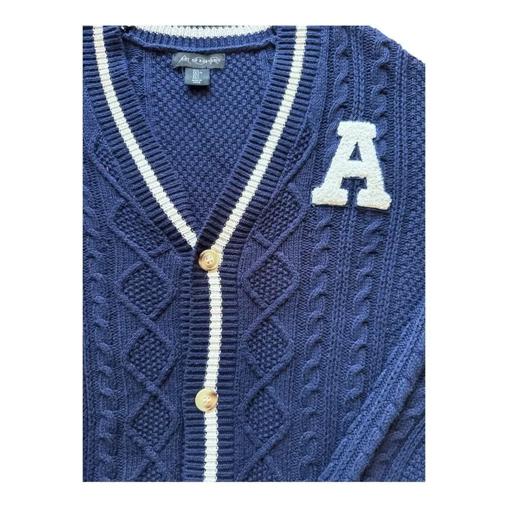 Art of Rhetoric V Neck Navy Blue Cable Knit Cardigan with Letter Patch Preppy